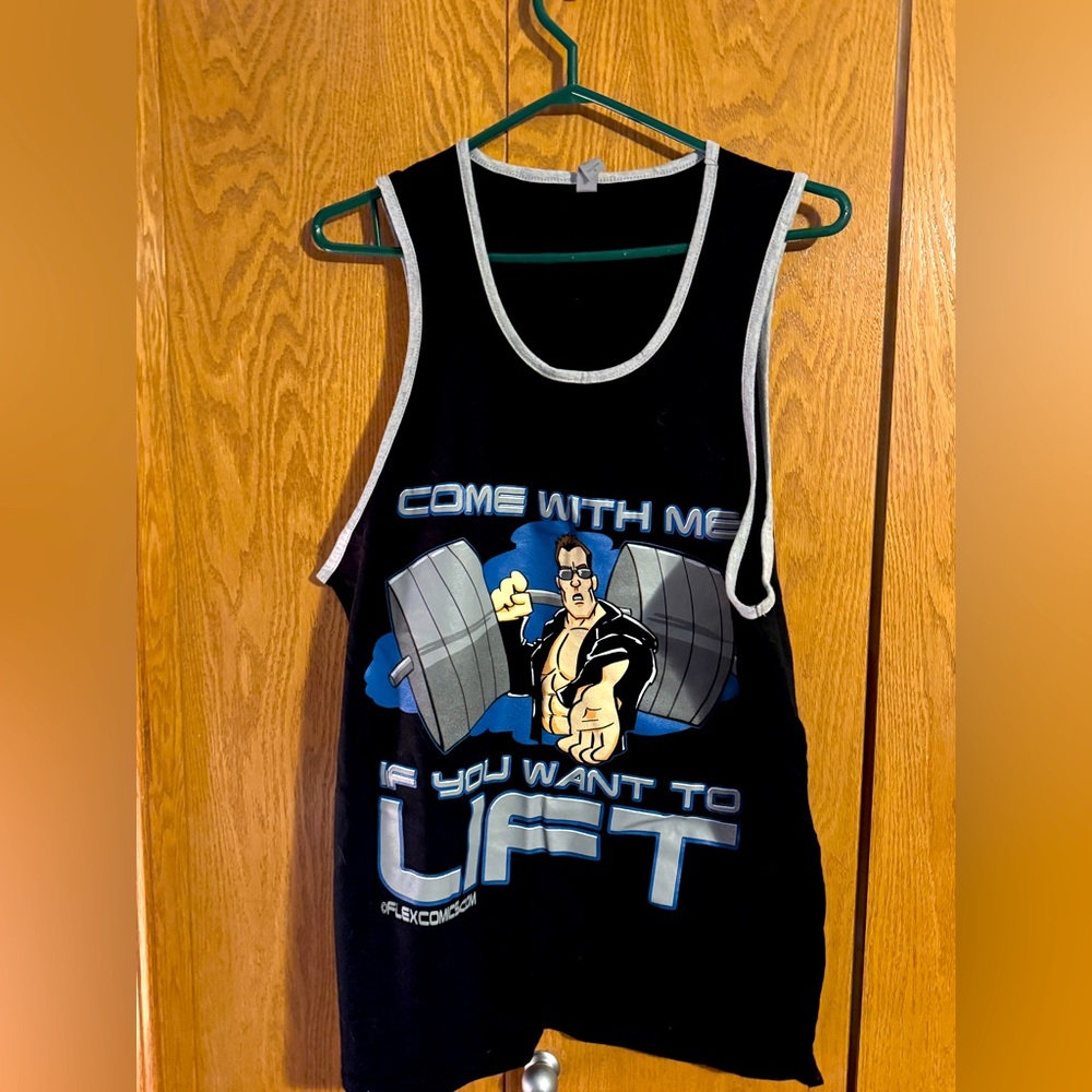 Flex comics funny work out tank top. Terminator.